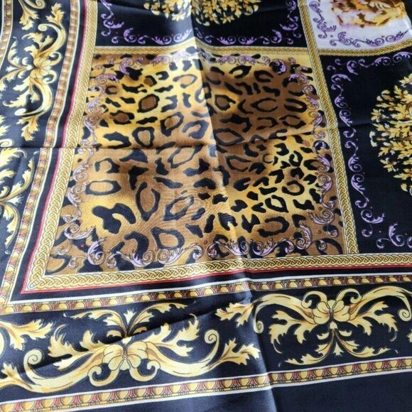 Vintage Chinese Silk Abstract Square Scarf Shawl Black Gold w/ Hologram 39 x 39 - Picture 3 of 5